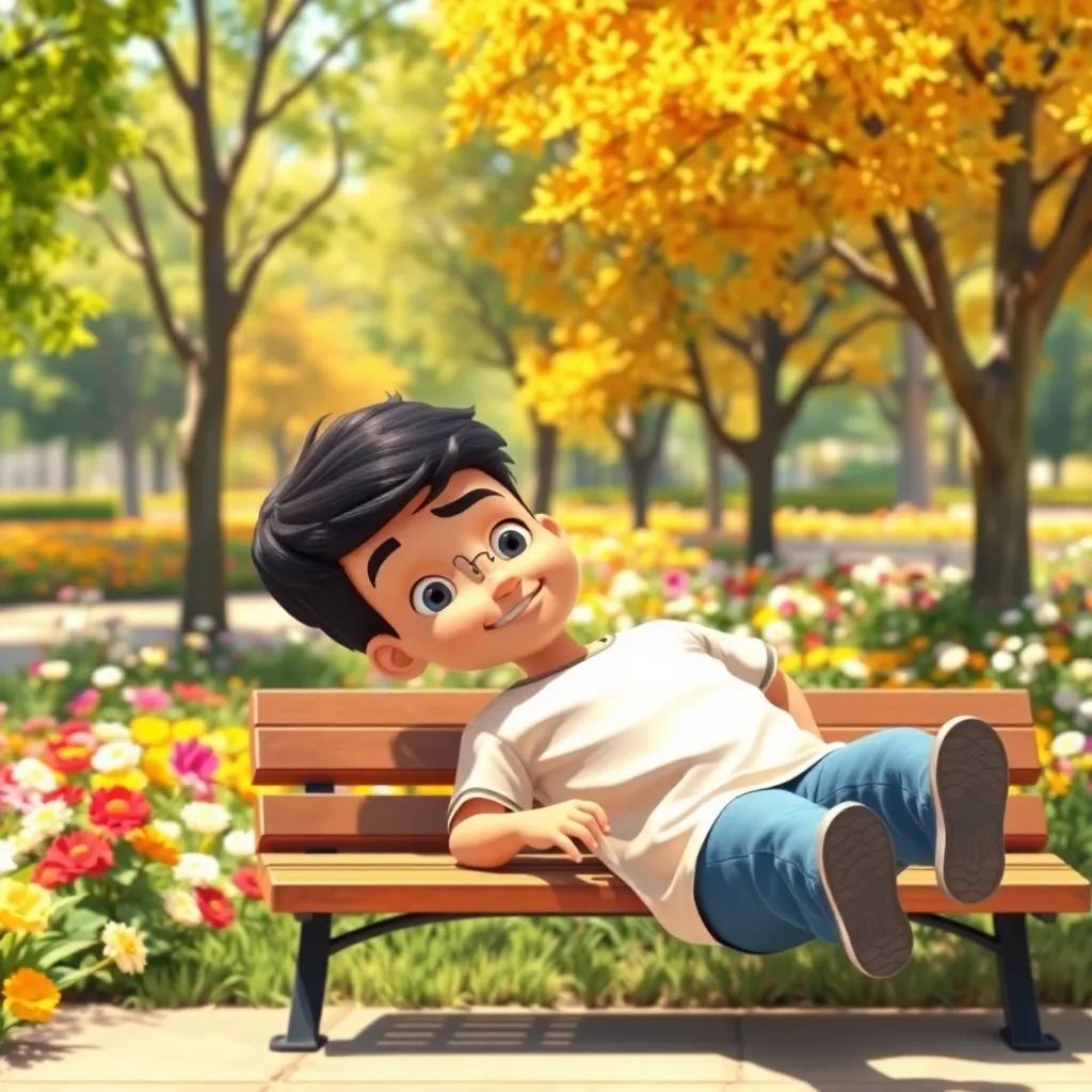 A sunny park with bright flowers and trees, a young Arab boy, Ahmed, with short black hair wearing a t-shirt, sitting on a bench looking surprised as he falls off, digital art, warm colors, cheerful atmosphere, high quality