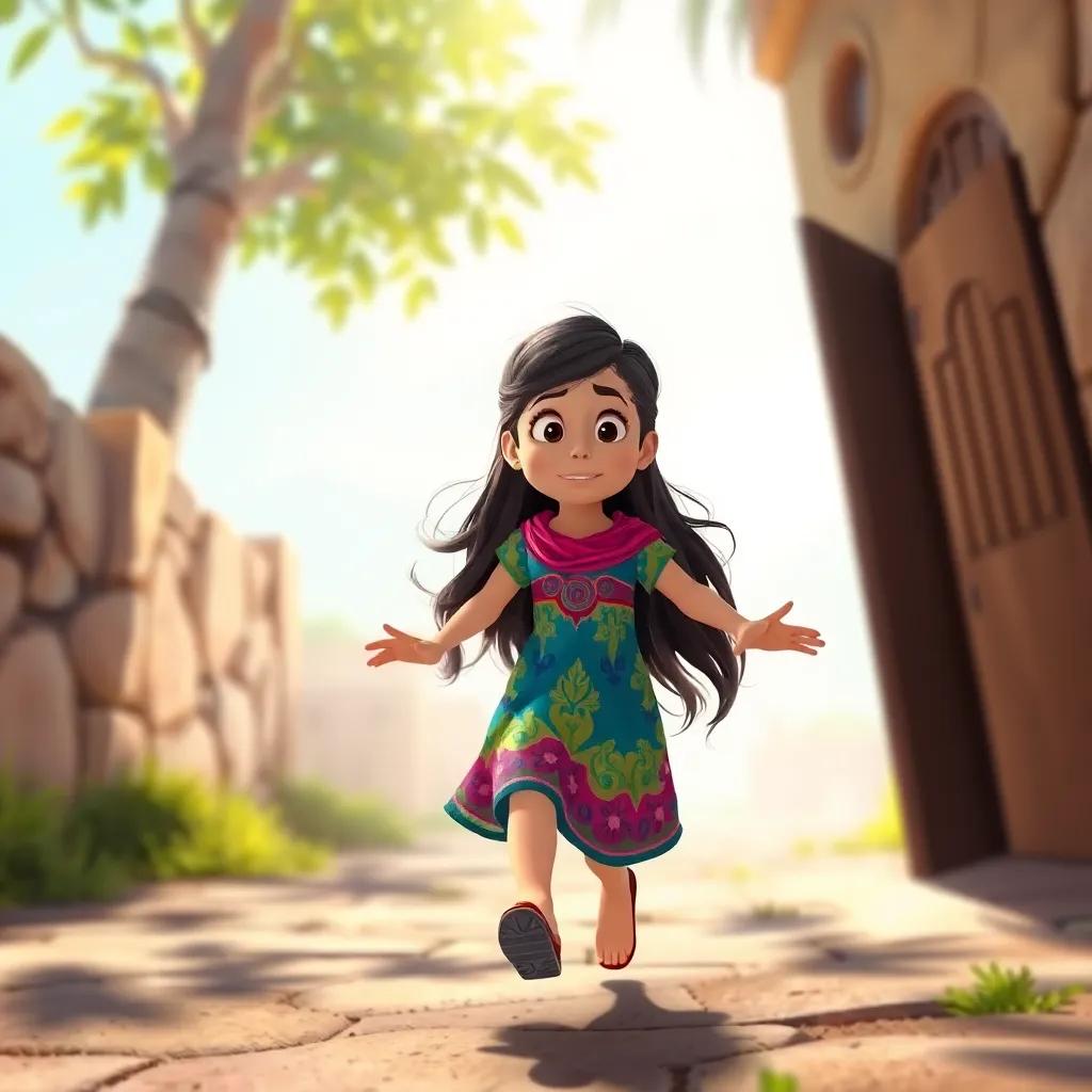 A young Arab girl, Leila, with long dark hair wearing a colorful dress, running towards Ahmed with a concerned look, her hands reaching out to help him up, bright sunlight, vibrant colors, happy environment, storytelling view, high quality