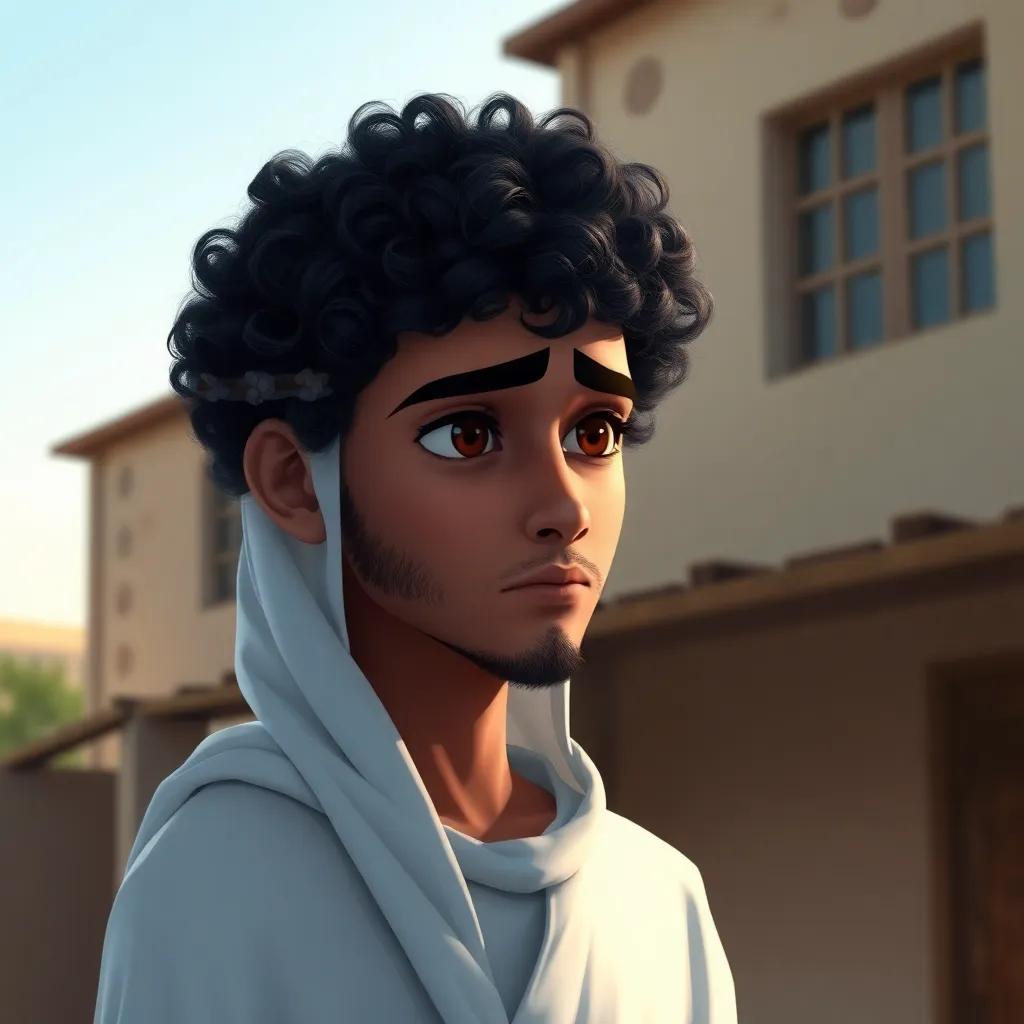 A young Yemeni man, Ashraf, with curly black hair, looking sad while standing outside, wearing a traditional white thobe, with a background of a house, digital painting, soft colors, melancholic mood, storytelling view, high quality