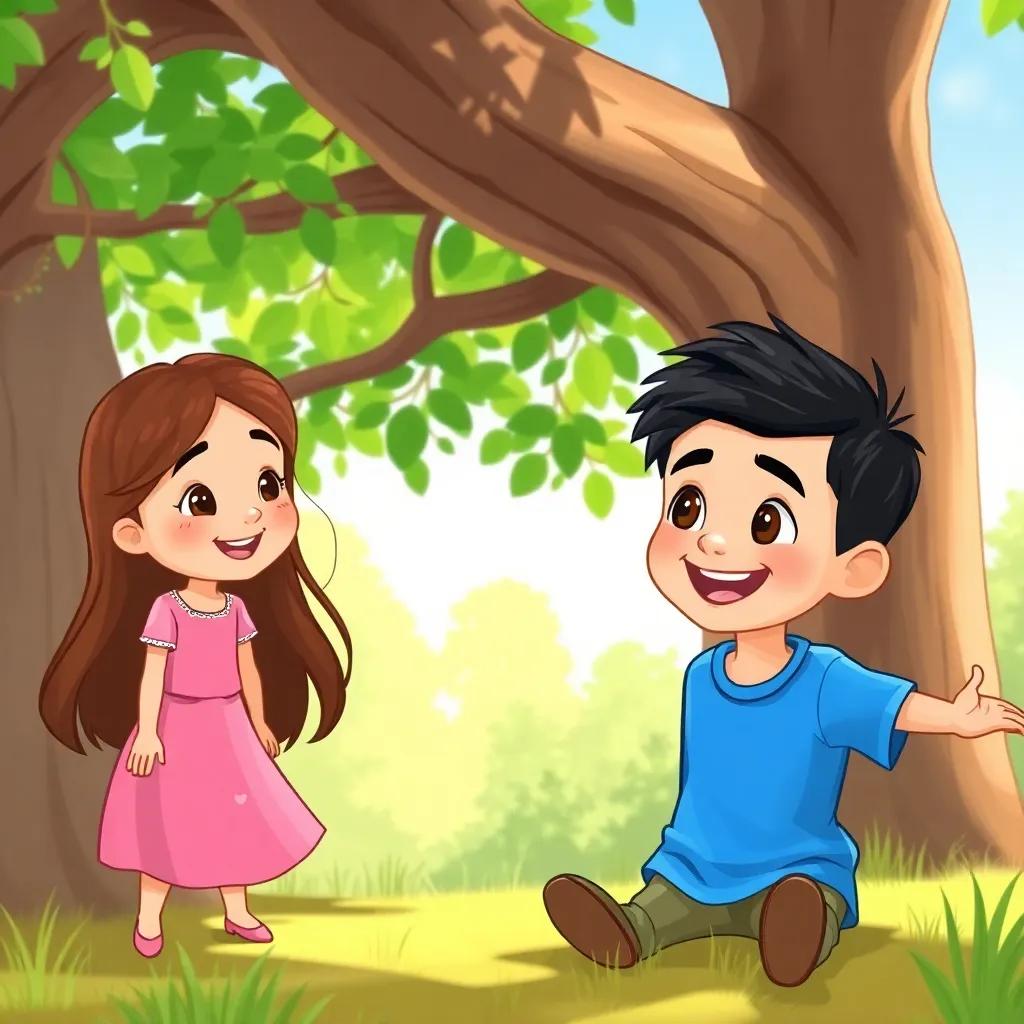 A young boy, Sami, with short black hair and wearing a bright blue shirt, playing with a girl named Leila, who has long brown hair in a pink dress under a big tree with green leaves, cheerful atmosphere, sunny day, well-drawn illustration, vibrant colors, child-friendly