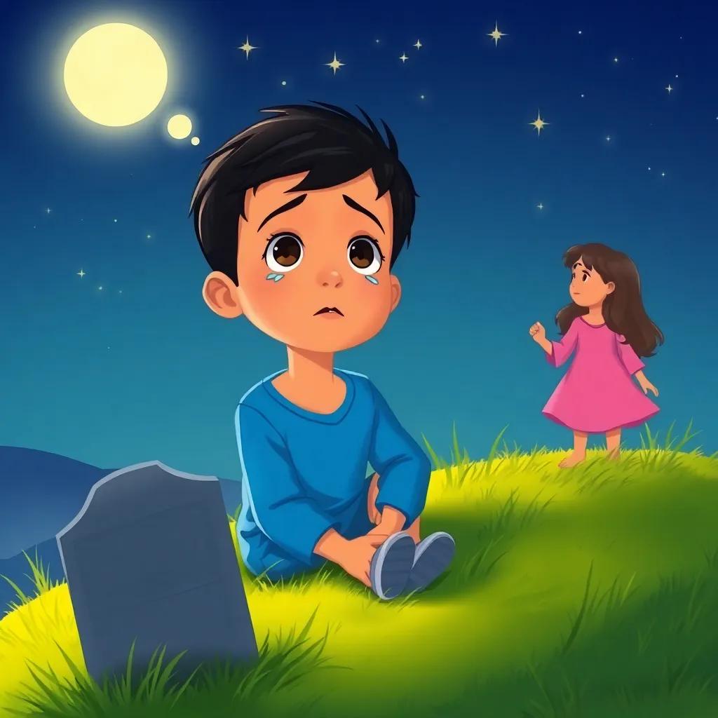 A young boy, Sami, with short black hair wearing a bright blue shirt, sitting on a grassy hill near a grave, with tears on his face, gazing up at the stars, dreaming of a girl named Leila, who has long brown hair in a pink dress, soft moonlight lighting, emotional scene, illustration, heartwarming, colorful
