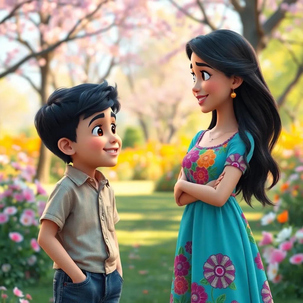 A young Turkish boy, Osama, with short black hair, wearing a simple shirt and jeans, smiling at a beautiful girl, Seham, with long dark hair, wearing a colorful dress, in a park with blooming flowers and trees, digital art, vibrant colors, cheerful atmosphere, high quality