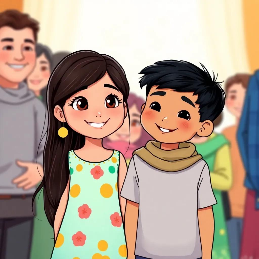 A beautiful young girl, Seham, with long dark hair, wearing a colorful dress, smiling brightly while standing with Osama, a young Turkish boy with short black hair, both looking happy with their families in a warm gathering, illustration, inviting, child-friendly vibe, heartwarming moment