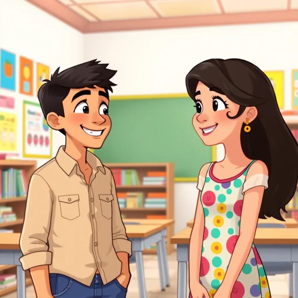 A young Arab man, Ahmed, with short black hair, wearing a casual shirt and jeans, smiling warmly at a young Arab woman, Layla, with long dark hair, in a colorful dress, in a bright classroom with books and colorful posters, illustration, cheerful, engaging atmosphere, vibrant colors, high quality