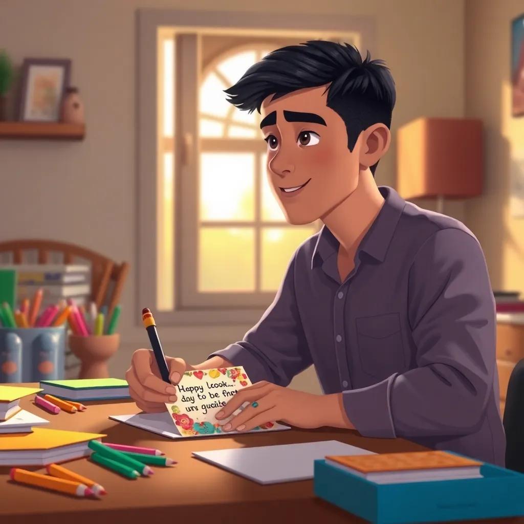 A young Arab man, Ahmed, with short black hair, in a casual shirt sitting at a desk, writing on a colorful card with a heartfelt message, surrounded by school supplies and a sunny window, digital art, warm light, inviting, imaginative view, high quality