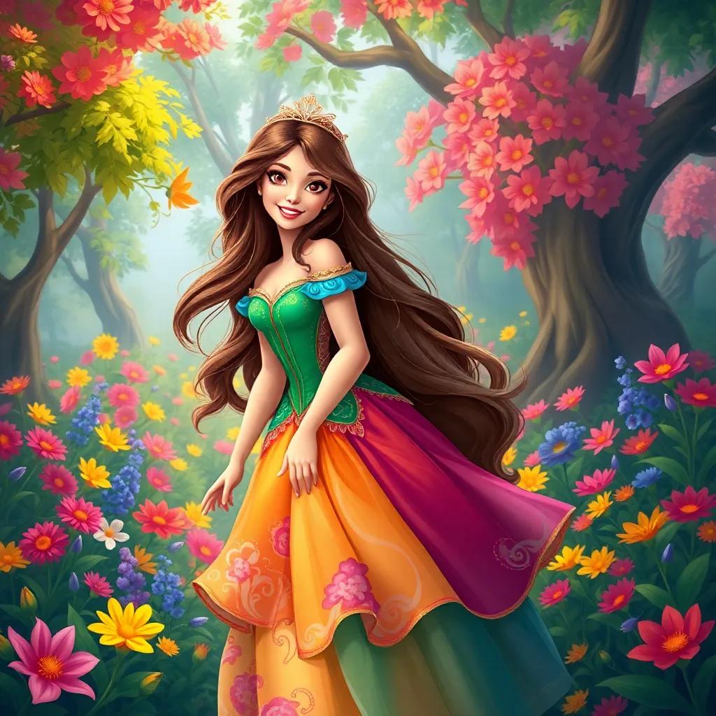 A beautiful princess, Ritaj, with long, flowing hair wearing a colorful dress, exploring a magical garden filled with vibrant flowers and trees, cheerful atmosphere, digital art, colorful, enchanting scenery, high quality