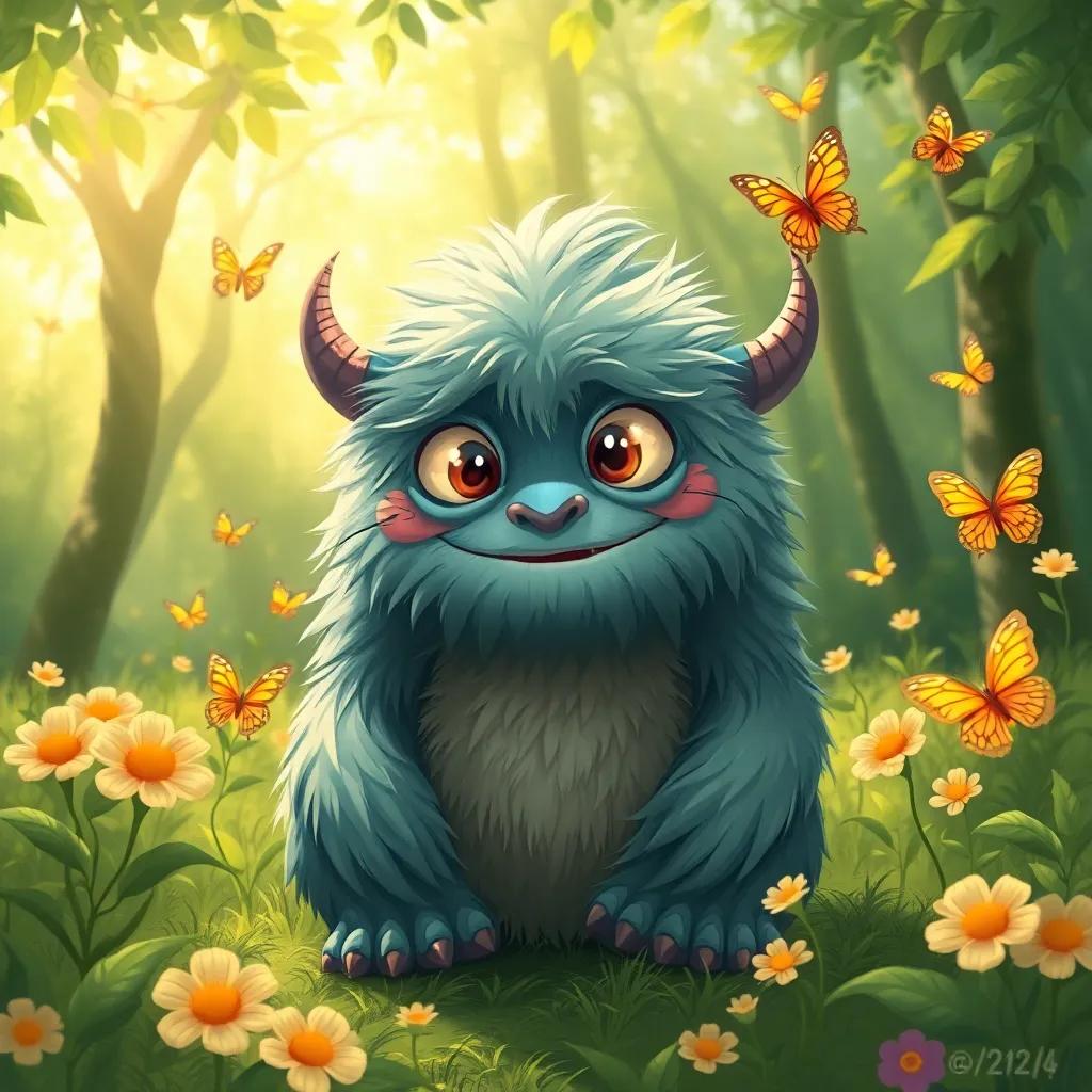 A kind monster, Abdullah, with fluffy fur and gentle eyes, sitting in a lush green forest, surrounded by sunshine and butterflies, feeling happy, illustration, nature-loving, friendly vibes, child-friendly