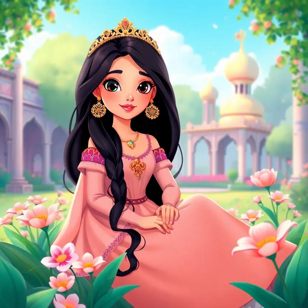 A young Arab princess, Zahra, with long black hair and wearing a beautiful gown, sitting in a palace garden, with flowers blooming around her, illustration, serene and dreamy, bright colors, child-friendly, high quality
