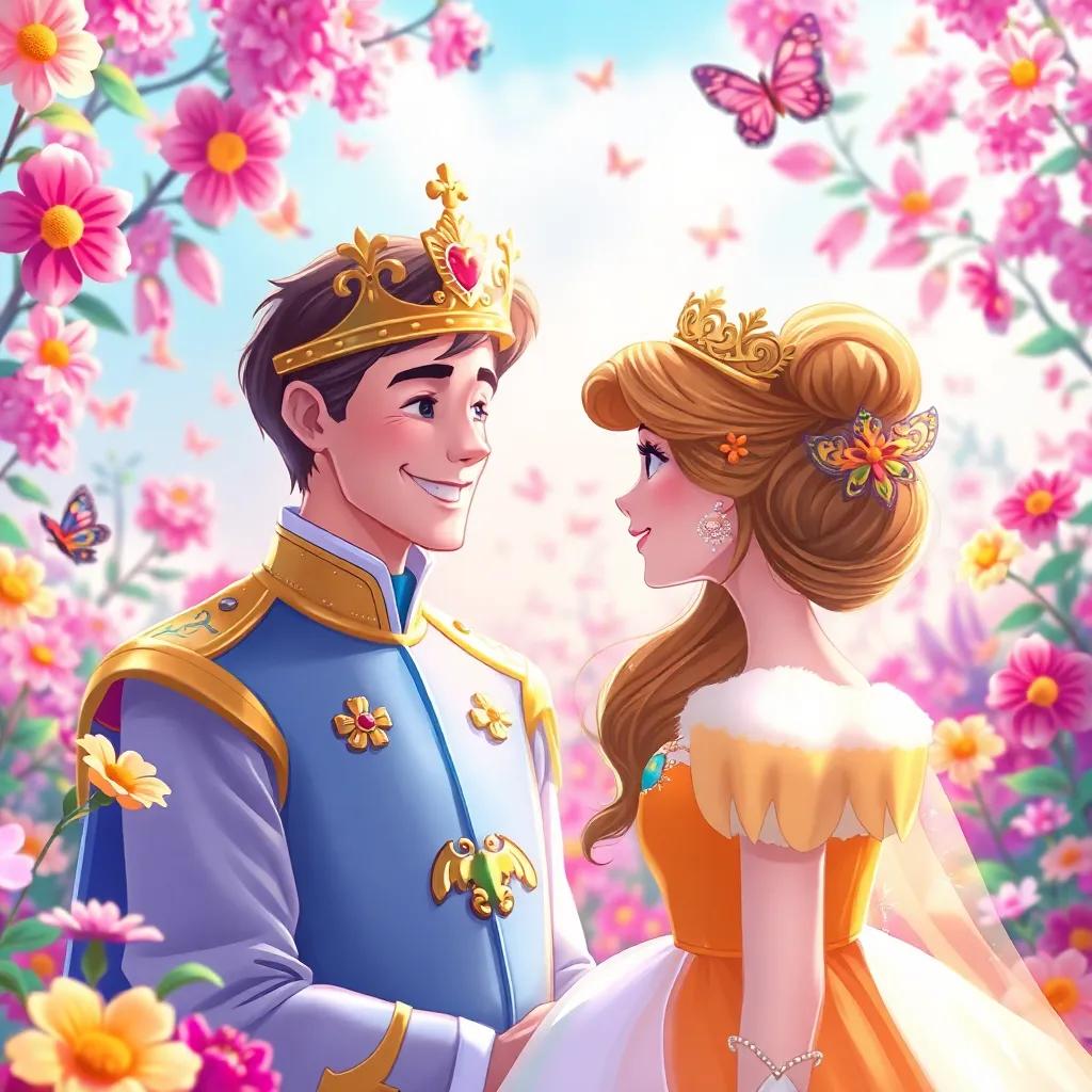 A kind-hearted prince, wearing a royal costume with a golden crown, smiling at a beautiful princess in a colorful garden filled with flowers and butterflies, digital art, vibrant colors, cheerful atmosphere, high quality