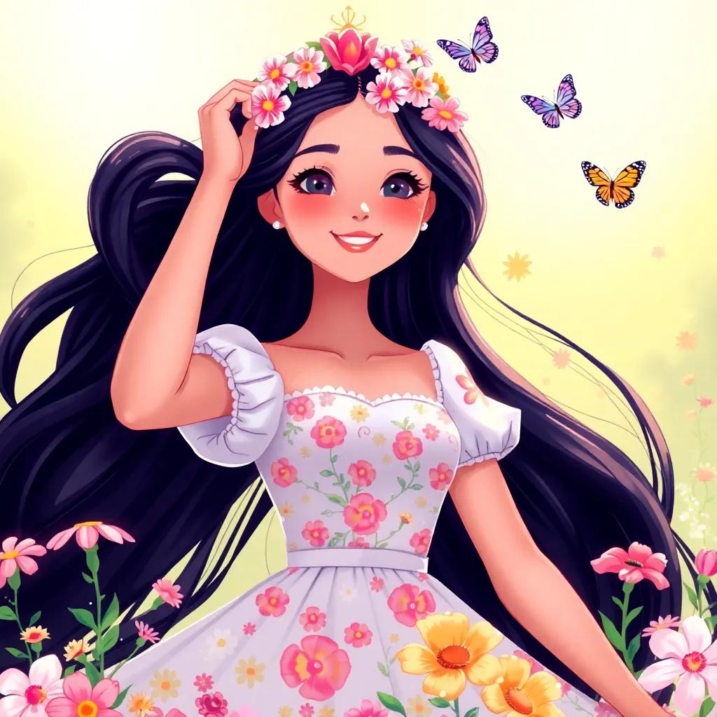 A beautiful princess, with long black hair, wearing a floral dress, creating a crown out of flowers with a joyful smile, surrounded by bright flowers and butterflies, illustration, creative, sunny day, charming scene, high quality