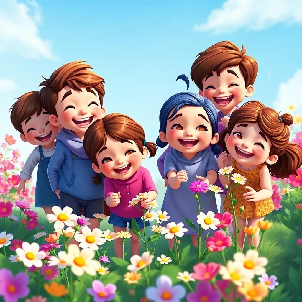 A group of happy children, including Sami, with diverse hairstyles and clothes, playing together in a beautiful garden, picking flowers and laughing, surrounded by blooming flowers and blue sky, cheerful atmosphere, colorful, joyful, vibrant
