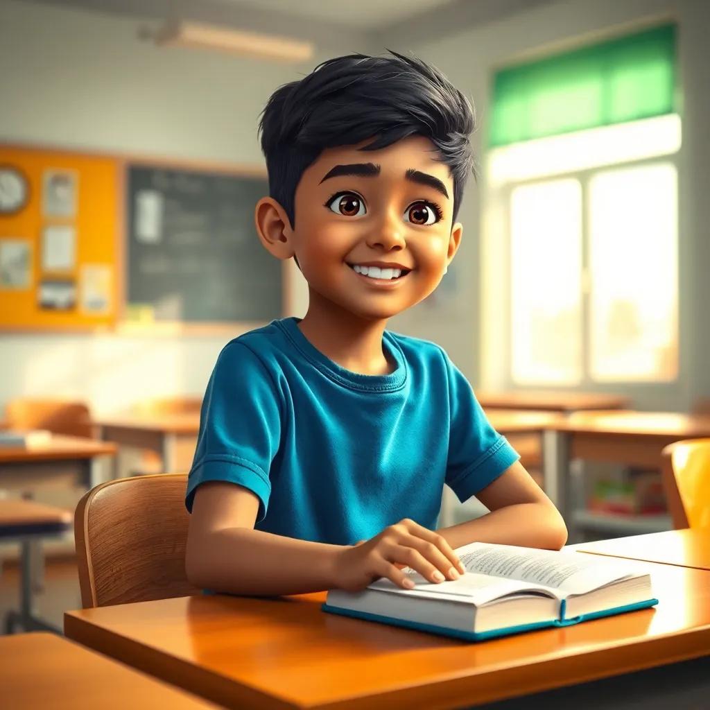 A young Arab boy, Marwan, with short black hair, wearing a blue t-shirt and jeans, sitting at a school desk with a book in front of him, sunlight streaming through the window, cheerful classroom atmosphere, digital art, vibrant colors, lively scene, high quality