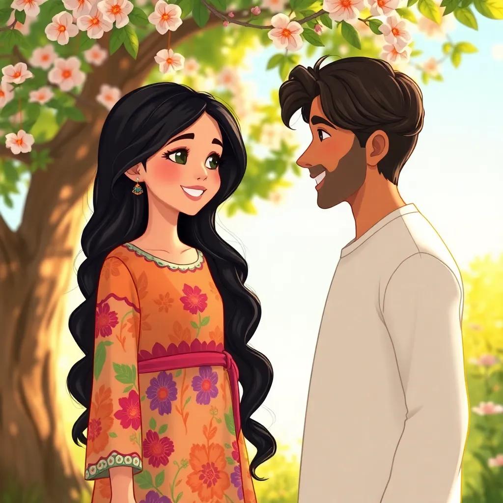A young Arab girl, Leila, with long wavy black hair, wearing a colorful dress, standing outside under a tree with flowers, smiling as she talks to Marwan, soft sunlight filtering through the leaves, magical feel, illustration, warm colors, inviting atmosphere, high quality