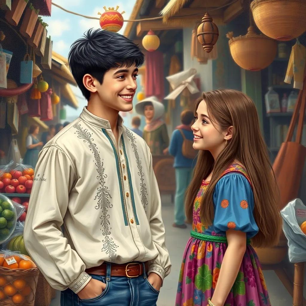 A young man, الشامي, with short black hair, wearing a traditional shirt and jeans, smiling warmly at a young girl, ناديا, with long brown hair wearing a colorful dress, in a bustling village market, detailed, vibrant colors, cheerful atmosphere, high quality