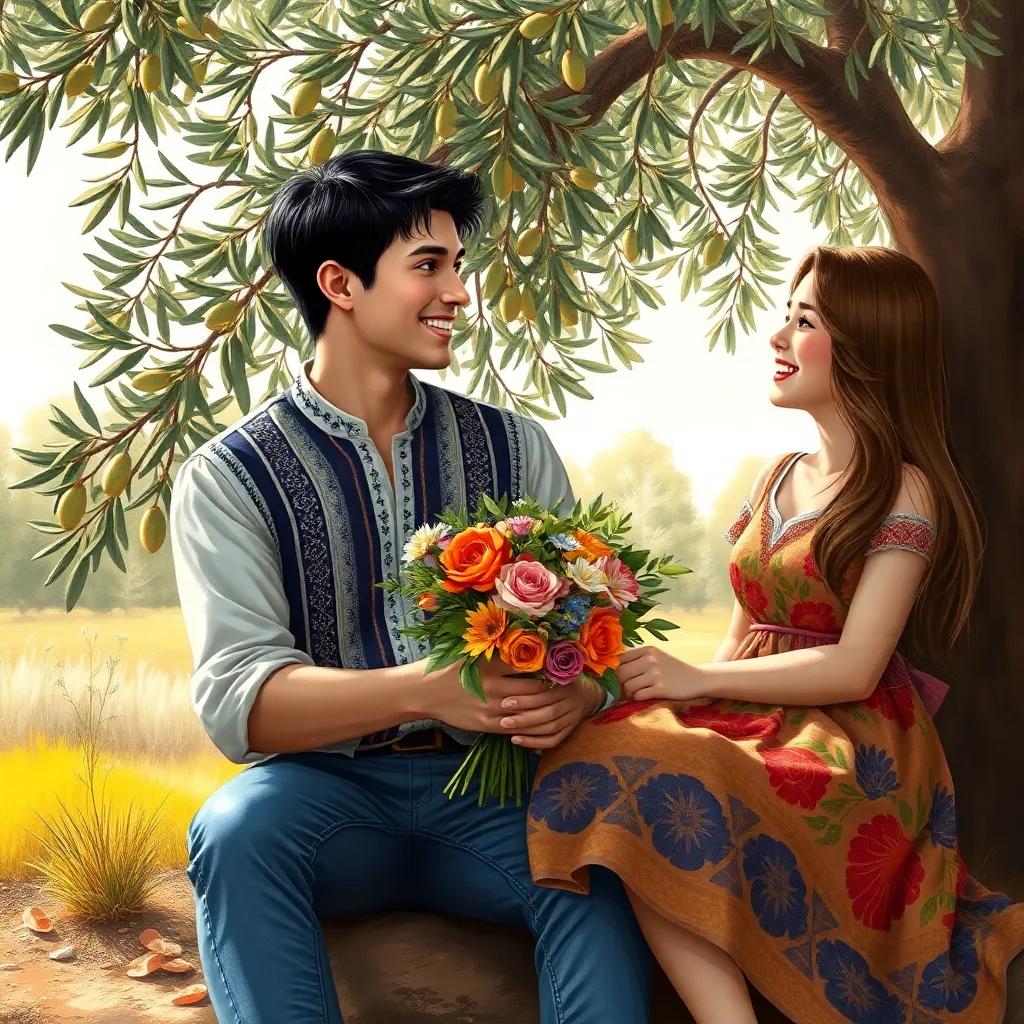الشامي, a young man with short black hair in a traditional shirt and jeans, holding a bouquet of flowers, sitting under an olive tree with ناديا, a girl with long brown hair in a colorful dress, both laughing together, sunlight filtering through the leaves, warm colors, joyful scene, high quality
