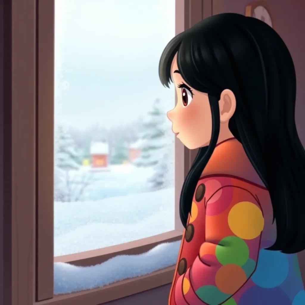 A little girl, Leila, with long black hair wearing a colorful winter coat, looking out of a frosted window at a snowy landscape, digital art, cozy atmosphere, soft colors, cheerful perspective, high quality