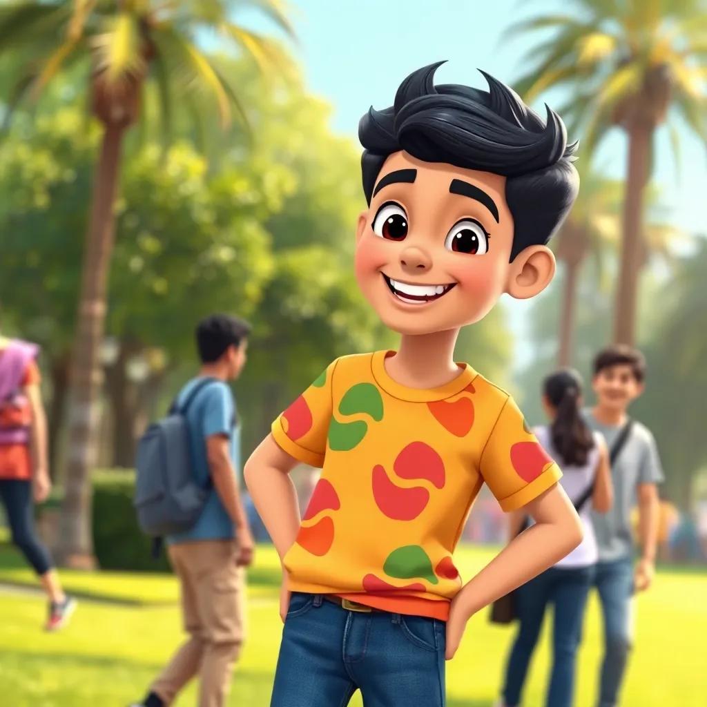 A cheerful Arab boy, Omar, with short black hair, wearing a colorful t-shirt and jeans, smiling brightly while talking to his friends in a sunny park, cartoon style, vibrant colors, warm light, inviting atmosphere, high quality