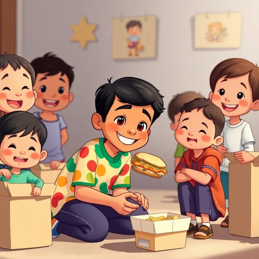 Omar, a cheerful Arab boy with short black hair in a colorful t-shirt, kneeling down to give a sandwich to a sad little boy, surrounded by some happy children and food boxes, lively illustration, bright colors, heartwarming scene, child-friendly, high quality