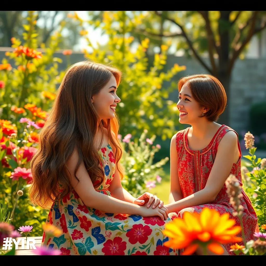 A beautiful girl, Sarah, with long brown hair wearing a colorful dress, sitting in a sunny garden with her friend Mary, talking excitedly, digital art, warm colors, cheerful atmosphere, high quality