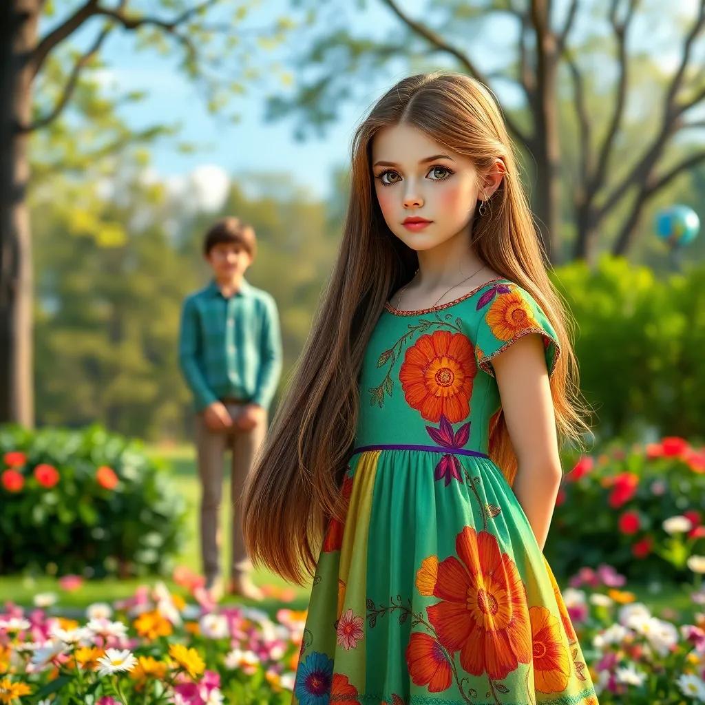 Sarah, a beautiful girl with long brown hair wearing a colorful dress, standing nervously in front of a handsome boy in a park, with flowers around, digital art, vibrant colors, emotional atmosphere, high quality