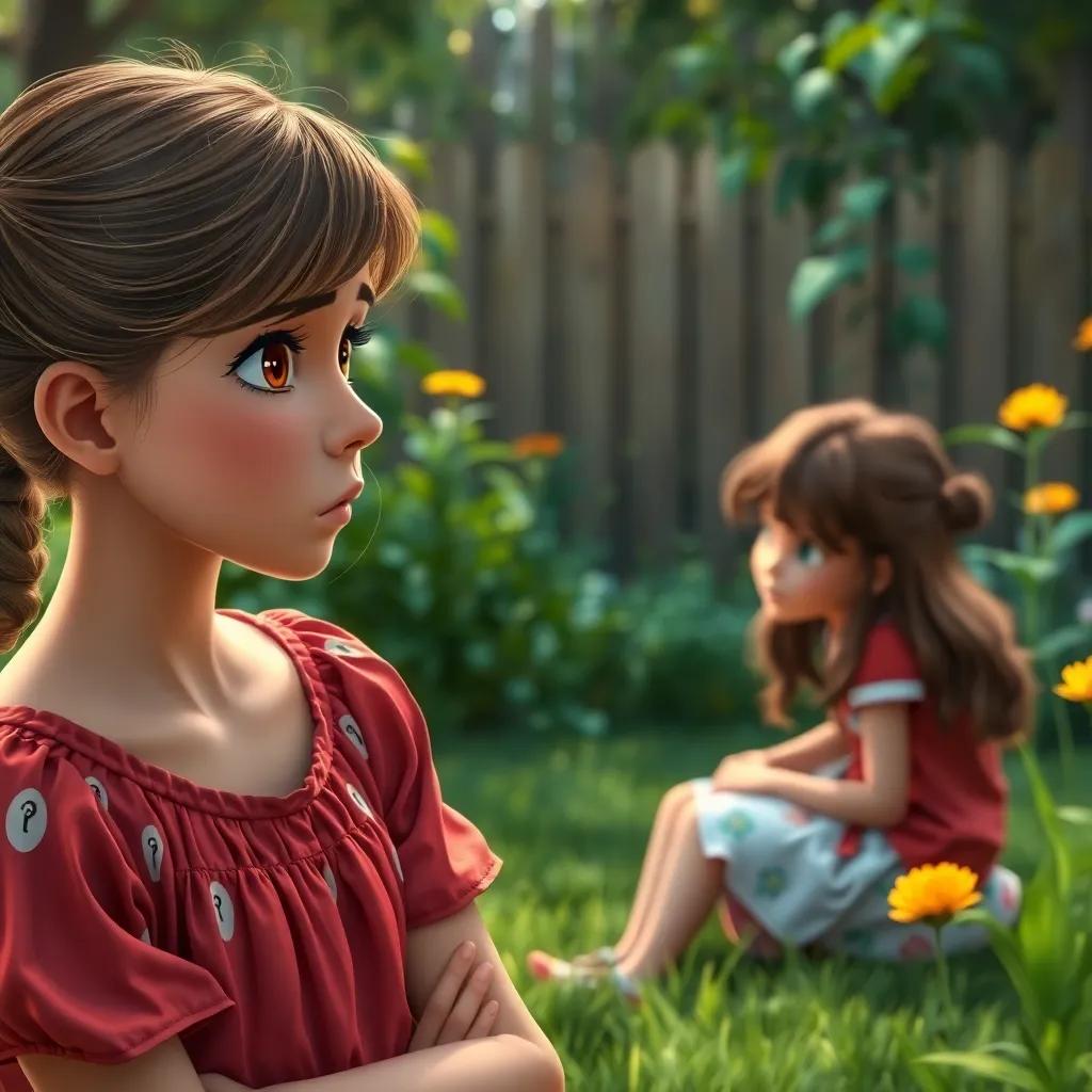 Sarah, feeling worried, watching the boy sitting with another girl in the garden, with a concerned expression, digital art, bright colors, storytelling atmosphere, high quality