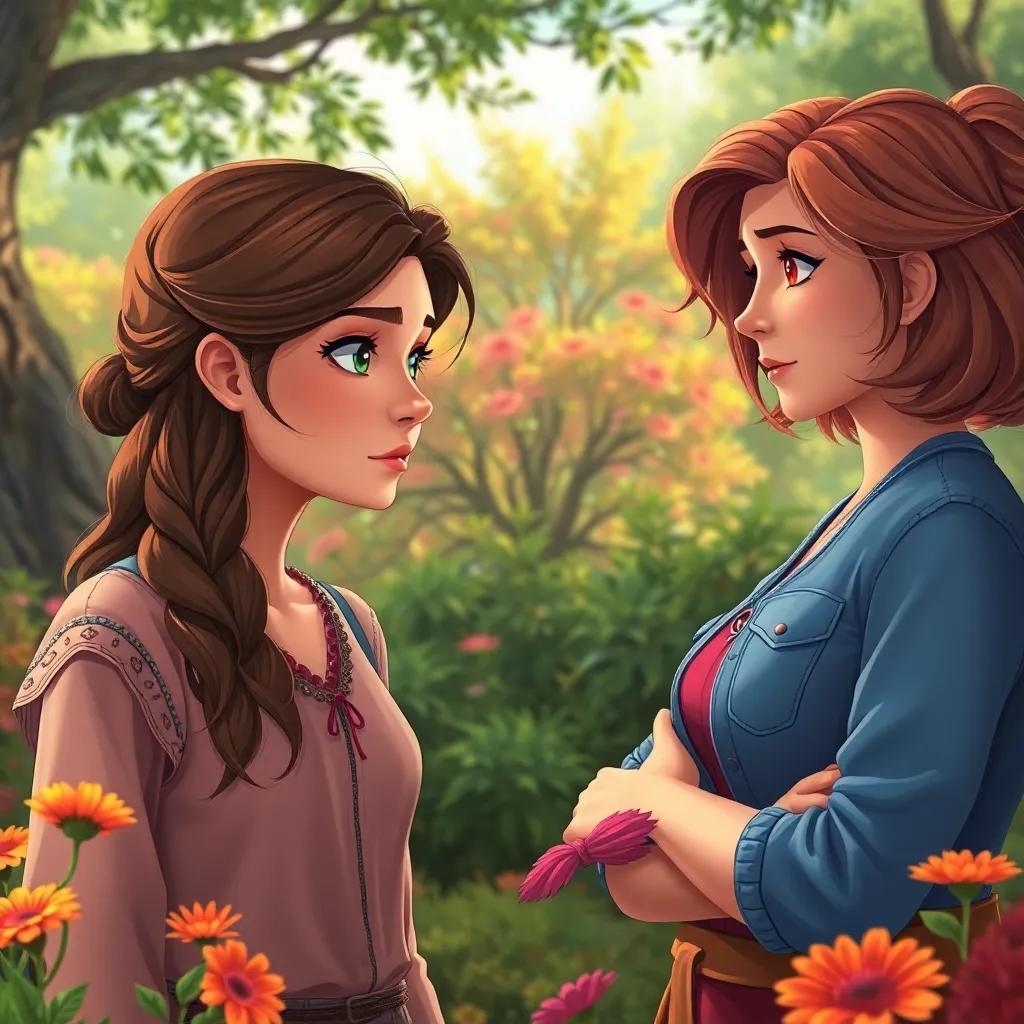 Sarah looking determined, talking to her friend Mary with a serious expression, surrounded by trees and flowers in the garden, digital art, detailed colors, friendship atmosphere, high quality