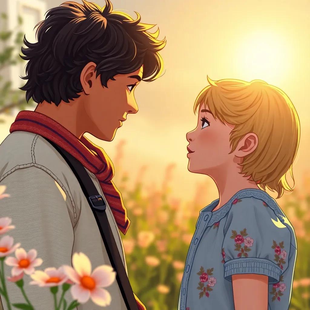 Sarah confronting the boy with courage, asking him about the girl, with a sunny background and flowers blooming, digital art, warm colors, brave atmosphere, high quality