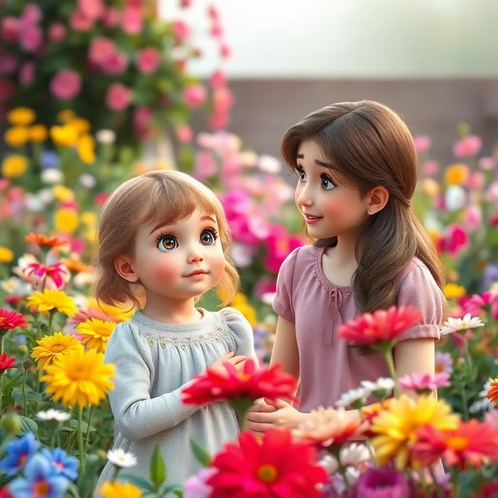 Sarah talking to the girl with a curious expression, both in a colorful garden full of flowers, digital art, soft colors, friendly atmosphere, high quality