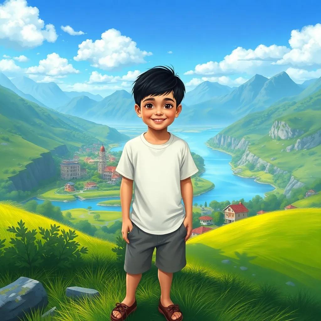 A young boy, Ali, with short black hair wearing a simple t-shirt and shorts, standing on a green hill overlooking a beautiful village surrounded by mountains and rivers, digital art, bright colors, cheerful atmosphere, high quality