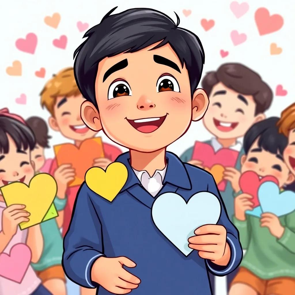 A young Kuwaiti boy, Mohammed, with short black hair in a school uniform, surrounded by classmates creating heart-shaped posters, laughter and joy in the air, bright colors, fun and collaborative atmosphere, illustration, cheerful mood, high quality
