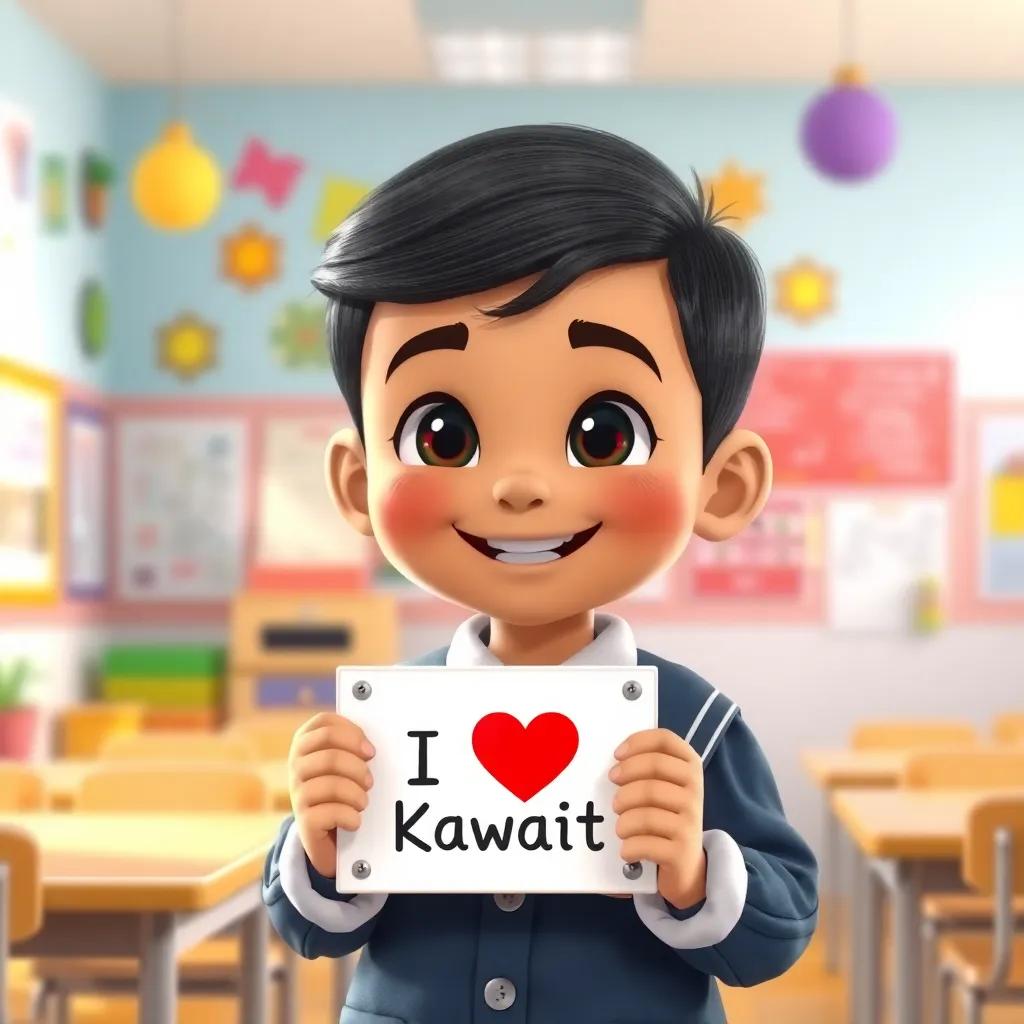 A young Kuwaiti boy, Mohammed, with short black hair in a school uniform, smiling and holding a sign with a heart saying “I love Kuwait” in a colorful classroom, bright decorations, cheerful atmosphere, illustration, children-friendly, high-quality