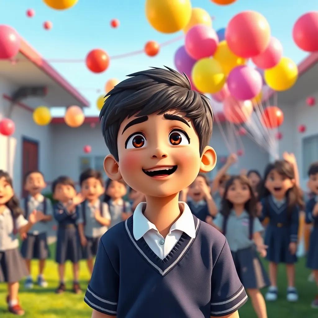 A young Kuwaiti boy, Mohammed, with short black hair wearing a school uniform, celebrating with friends in the school yard, singing and cheering, colorful balloons in the air, vibrant and joyful, digital artwork, lively setting, high quality