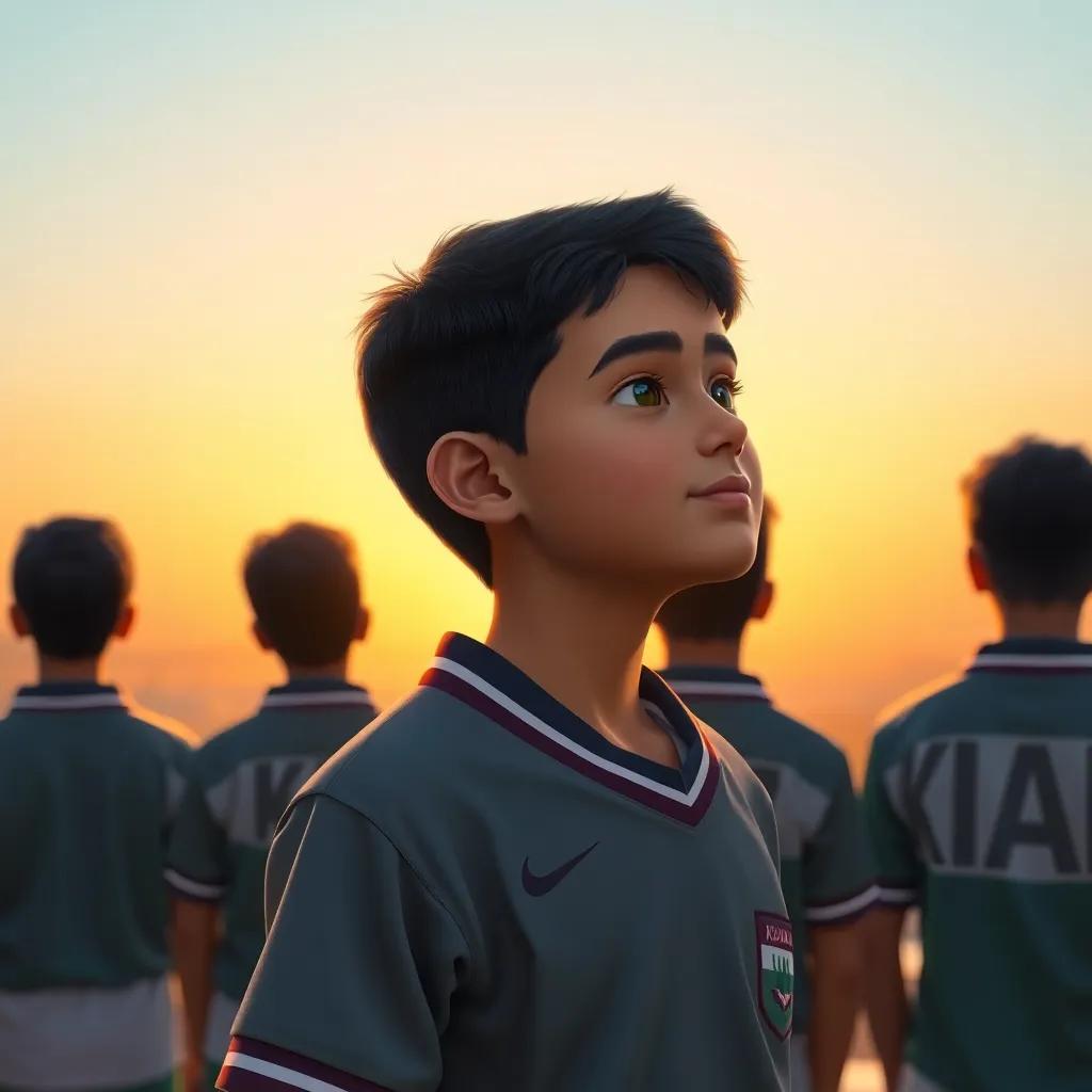 A young Kuwaiti boy, Mohammed, with short black hair in a school uniform, gazing out at the horizon with his friends, feeling proud with Kuwait's flag in the background, sunset colors, hopeful and inspiring imagery, digital art, emotional and uplifting, high quality