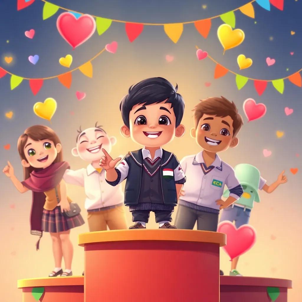 A young Kuwaiti boy, Mohammed, with short black hair in a school uniform, standing on a podium with his friends, proud and smiling, surrounded by colorful decorations and hearts, basking in the warmth of friendship and patriotism, illustration, joyful scene, high quality
