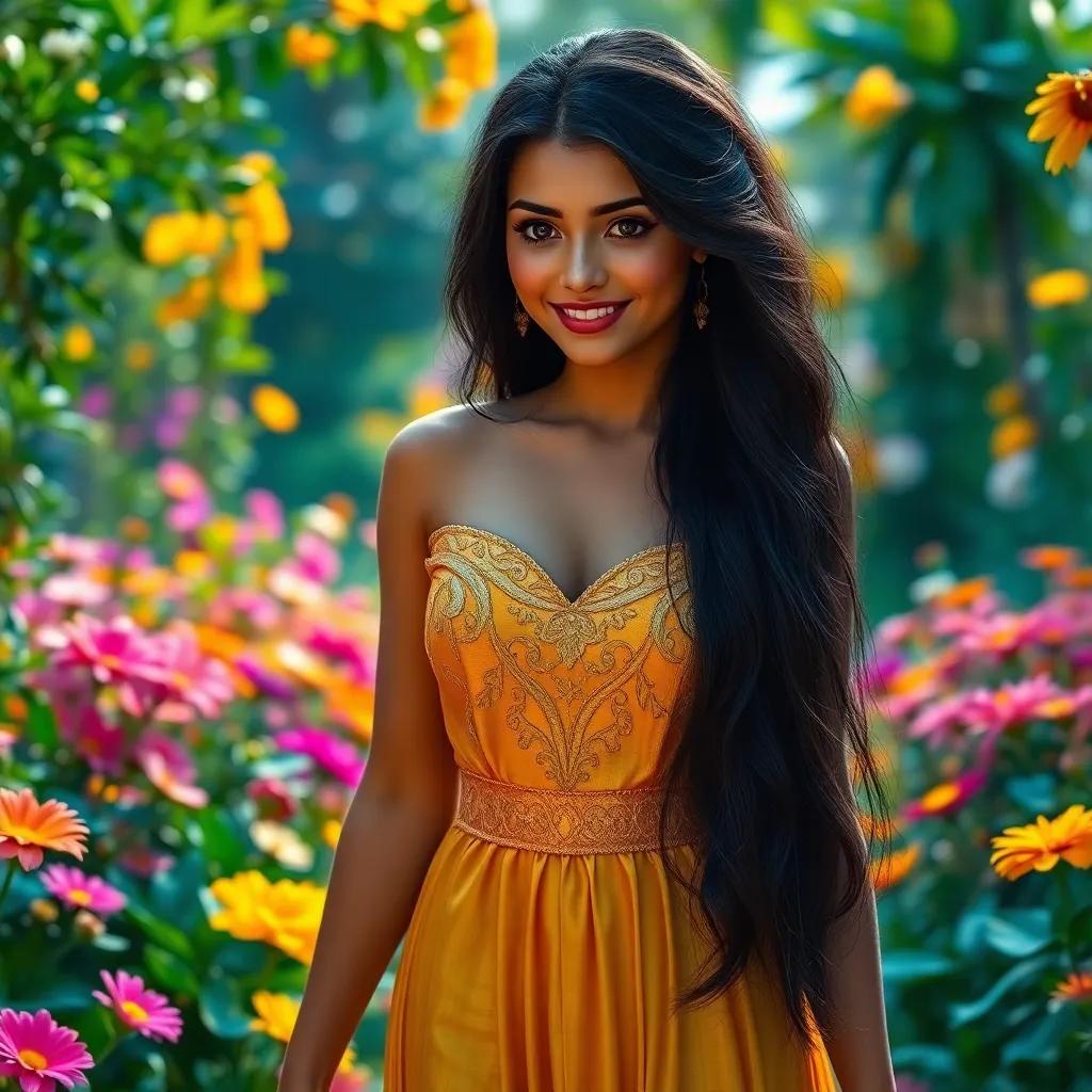A beautiful Moroccan princess named Nanu, with long black hair in a golden dress, walking through a lush garden filled with flowers, smiling with curiosity, digital art, bright colors, enchanting atmosphere, high quality