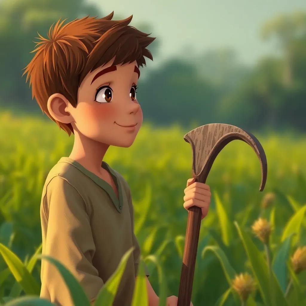 A young poor farmer named Munthir, with short brown hair and simple clothes, holding a hoe in a green field, looking up with a gentle smile at Princess Nanu, digital painting, warm colors, heartfelt moment, high quality