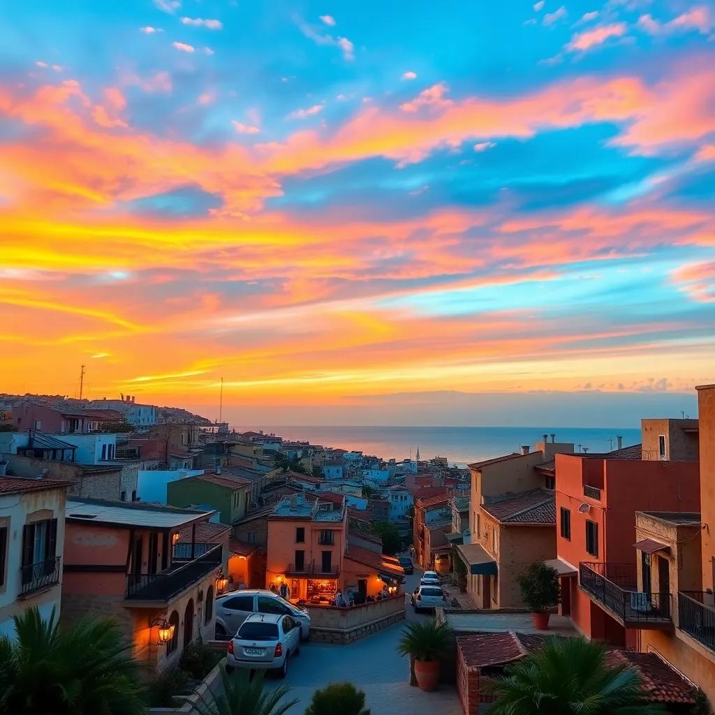 A beautiful Tunisian city at sunset, with vibrant colors in the sky and traditional buildings, showing the warm ambiance of the community, digital art, romantic, inviting atmosphere, high quality