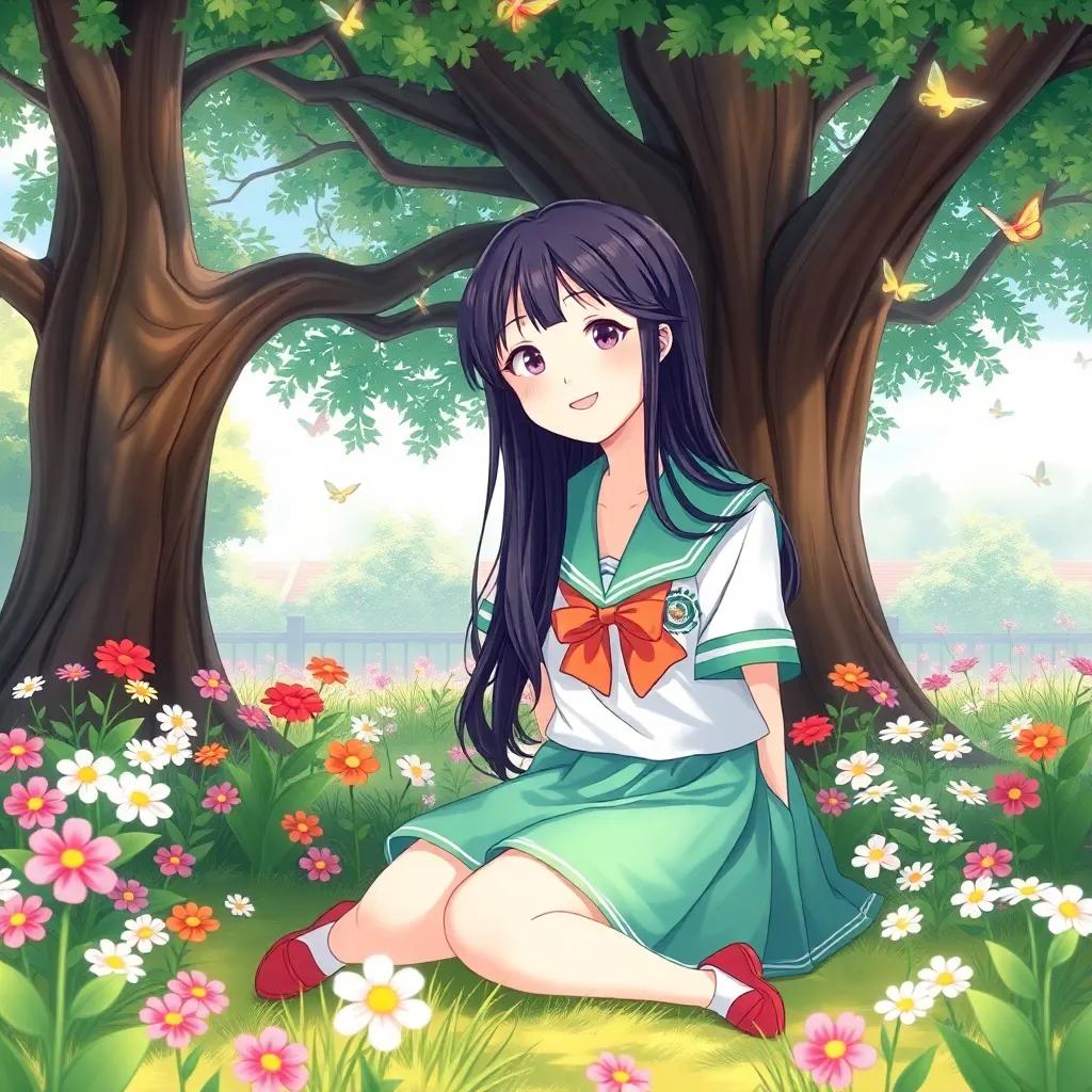 A girl with long dark hair, wearing a colorful school uniform, sitting under a large tree in a school garden, surrounded by blooming flowers and butterflies, illustration, cheerful, magical feeling, child-friendly