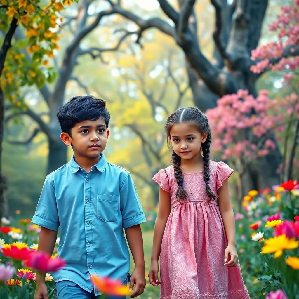 Tamer, a young Arab boy, with short black hair wearing a light blue shirt, and a young Arab girl, Tulip, with braided hair, wearing a pink dress, walking together in a colorful forest, with big trees and blooming flowers, magical, bright colors, adventure, high quality