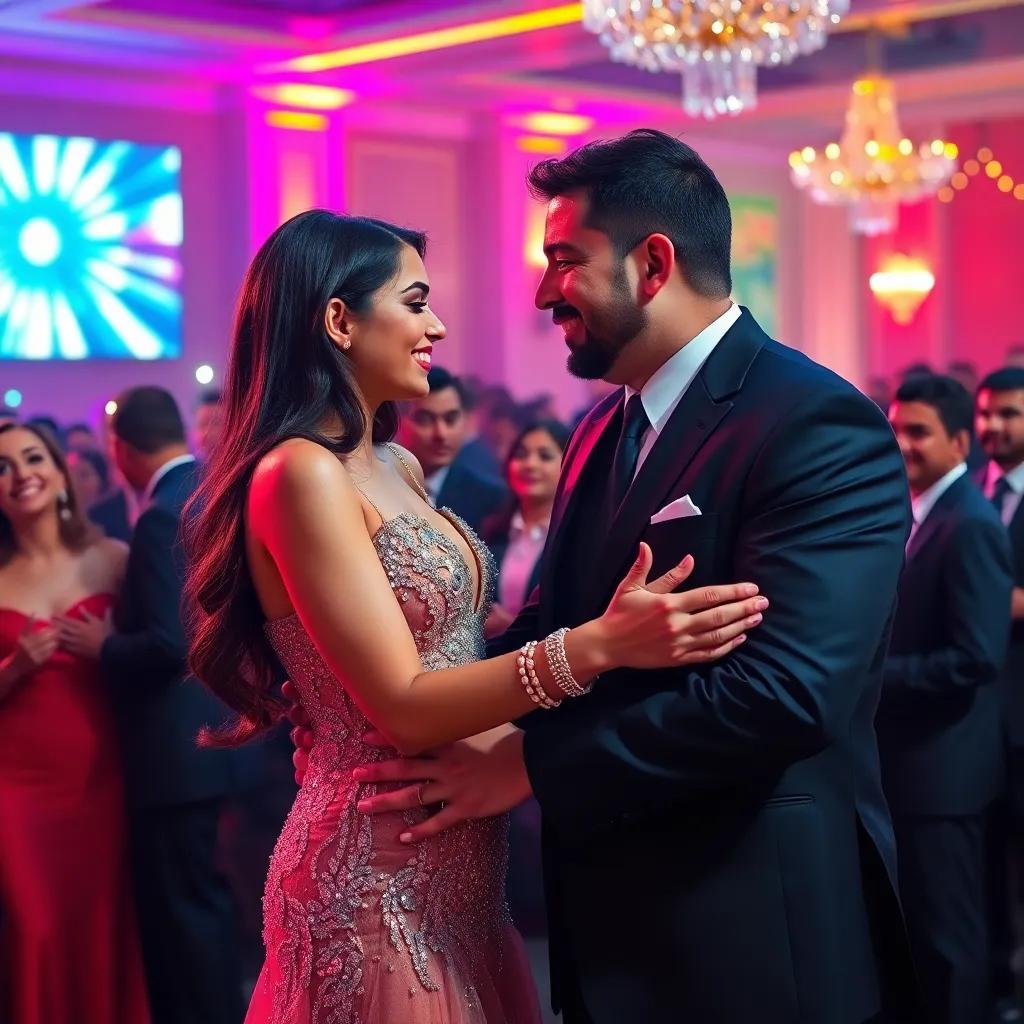 A romantic scene at an award ceremony, showcasing Lujain, a young Arab girl, with long dark hair in a sparkling evening gown, warmly interacting with Mahmoud Nasr, a Syrian artist, who is wearing a stylish suit, surrounded by a glamorous audience, digital art, vibrant colors, dazzling lights, high energy atmosphere, cinematic perspective, high quality