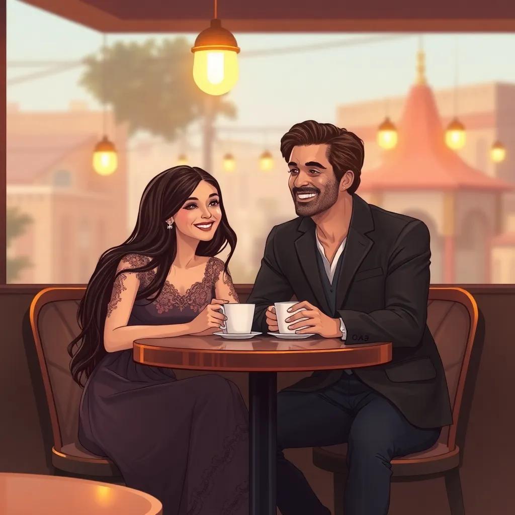 Lujain, a young Arab girl with long dark hair in a stunning dress, sitting at a cozy cafe with Mahmoud Nasr, a handsome Syrian artist, with coffee cups on the table and soft smiles on their faces, illustrating a moment of deep connection and laughter, warm lighting, inviting atmosphere, high-quality illustration