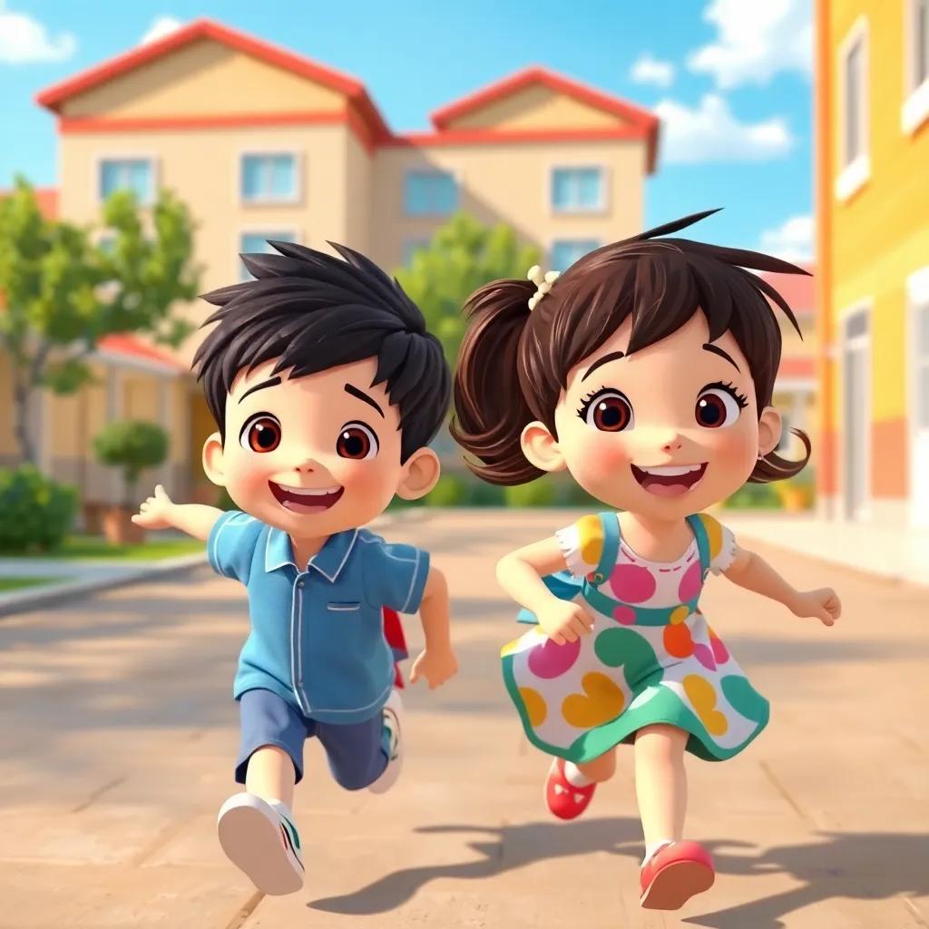 A young boy, جمال, with short black hair and a bright smile, wearing a blue school uniform, running alongside a young girl, ملاك, with long brown hair and a colorful dress, both excited and cheerful, in a sunny schoolyard, vibrant colors, joyful atmosphere, dynamic action