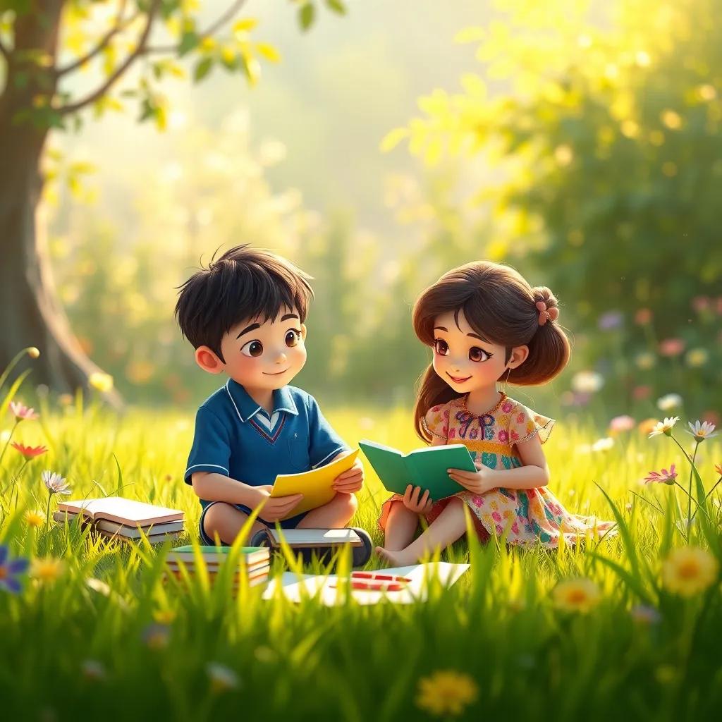 جمال, a young boy with short black hair in a blue school uniform, and ملاك, a young girl with long brown hair in a colorful dress, sitting in a garden with books and art supplies, planning their project, surrounded by green grass and flowers, soft warm light, creative and friendly atmosphere