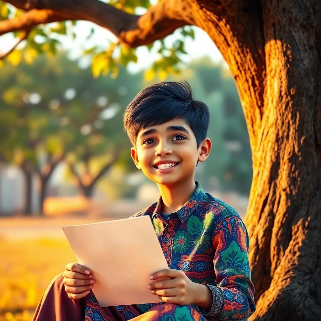A young Arab boy, Ali, with short black hair, wearing a colorful shirt, sitting under a big tree with a letter in his hand, looking happy and hopeful, digital art, vibrant colors, warm light, cheerful atmosphere, high quality