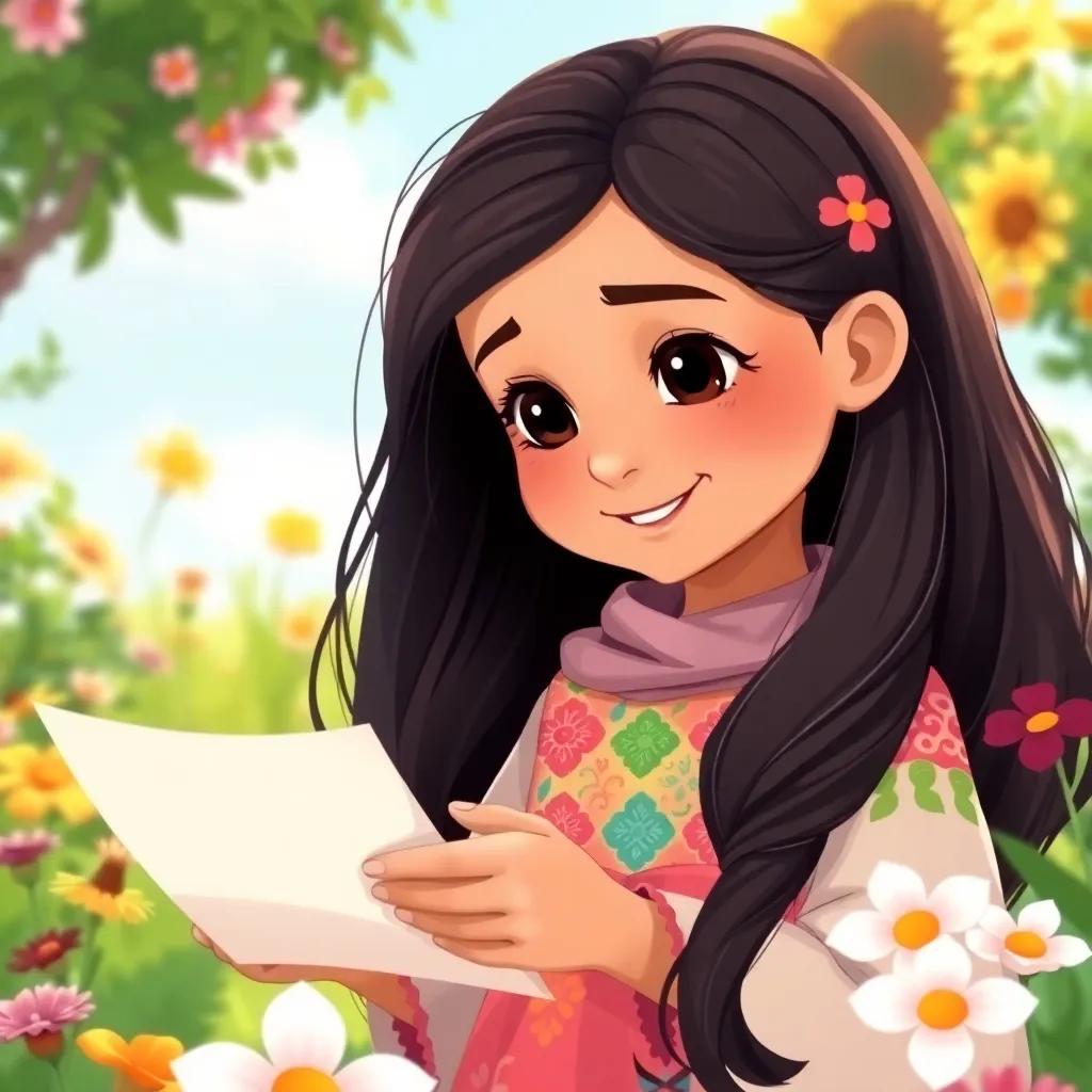 A young Arab girl, Zainab, with long, dark hair wearing a bright dress, looking at a letter with a smile and a gentle expression, surrounded by flowers in a sunny garden, illustration, colorful, joyful, child-friendly, high quality