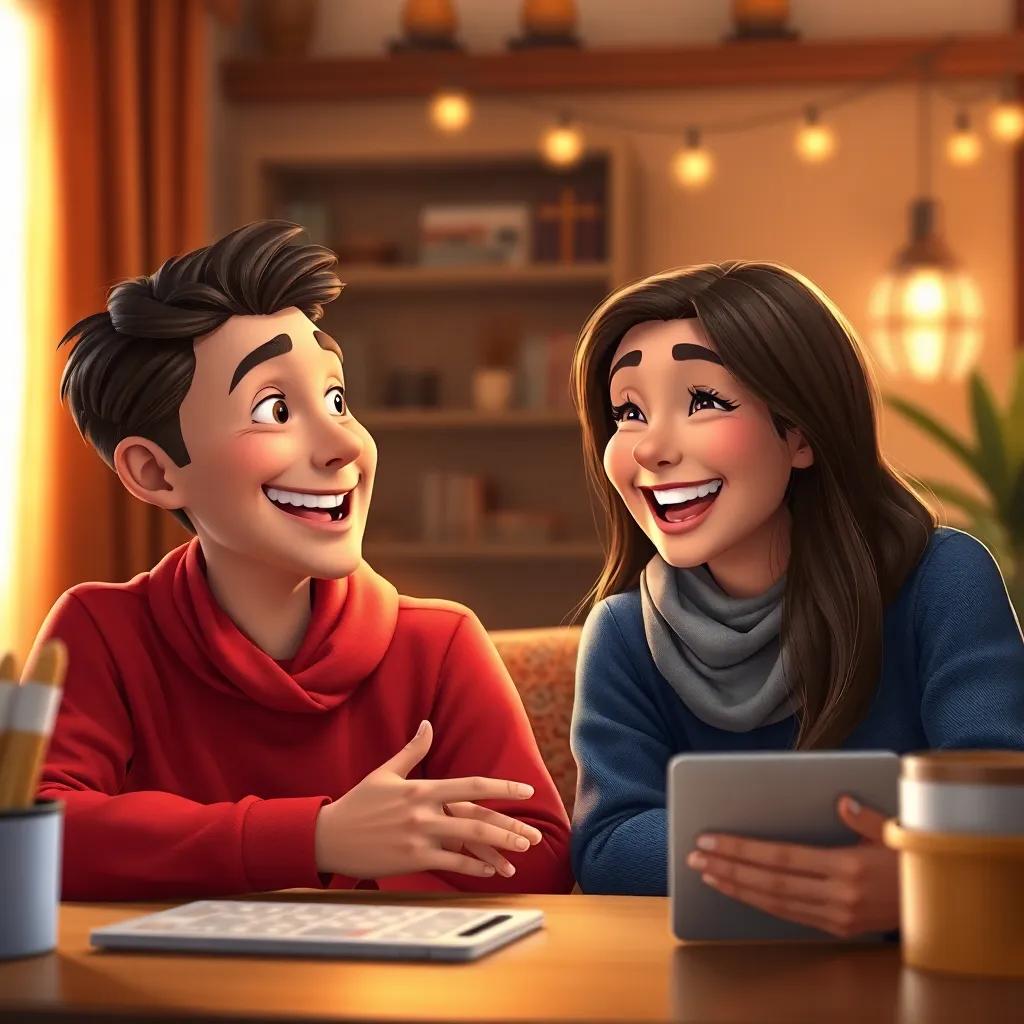 Hassan talking animatedly with a young Turkish woman, Tasneem, on a video call, with smiles and laughter, warm lighting, vibrant colors, joyful interaction, detailed digital art