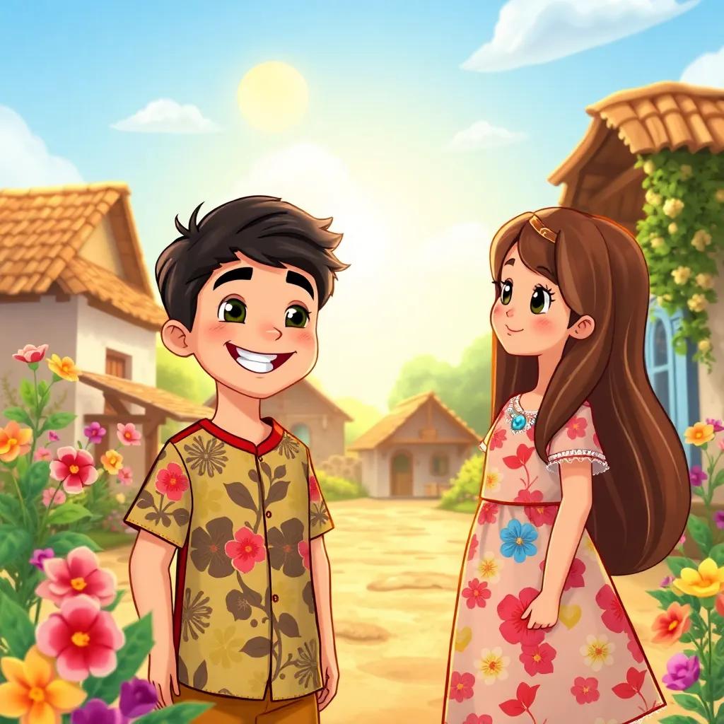 A charming village scene with a boy named Hamza, a young Arab boy, with dark hair wearing a colorful shirt, smiling brightly, meeting a girl named Natali, a young girl with long brown hair wearing a vibrant dress, the sun shining down and flowers blooming around them, cheerful atmosphere, illustration, warm colors, inviting feel, child-friendly