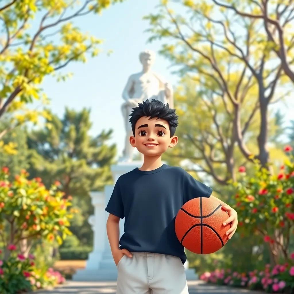 A young Arab boy, smiling, wearing a t-shirt and shorts, standing in a park with a basketball, surrounded by trees and flowers, cheerful atmosphere, digital illustration, vibrant colors, friendly vibe