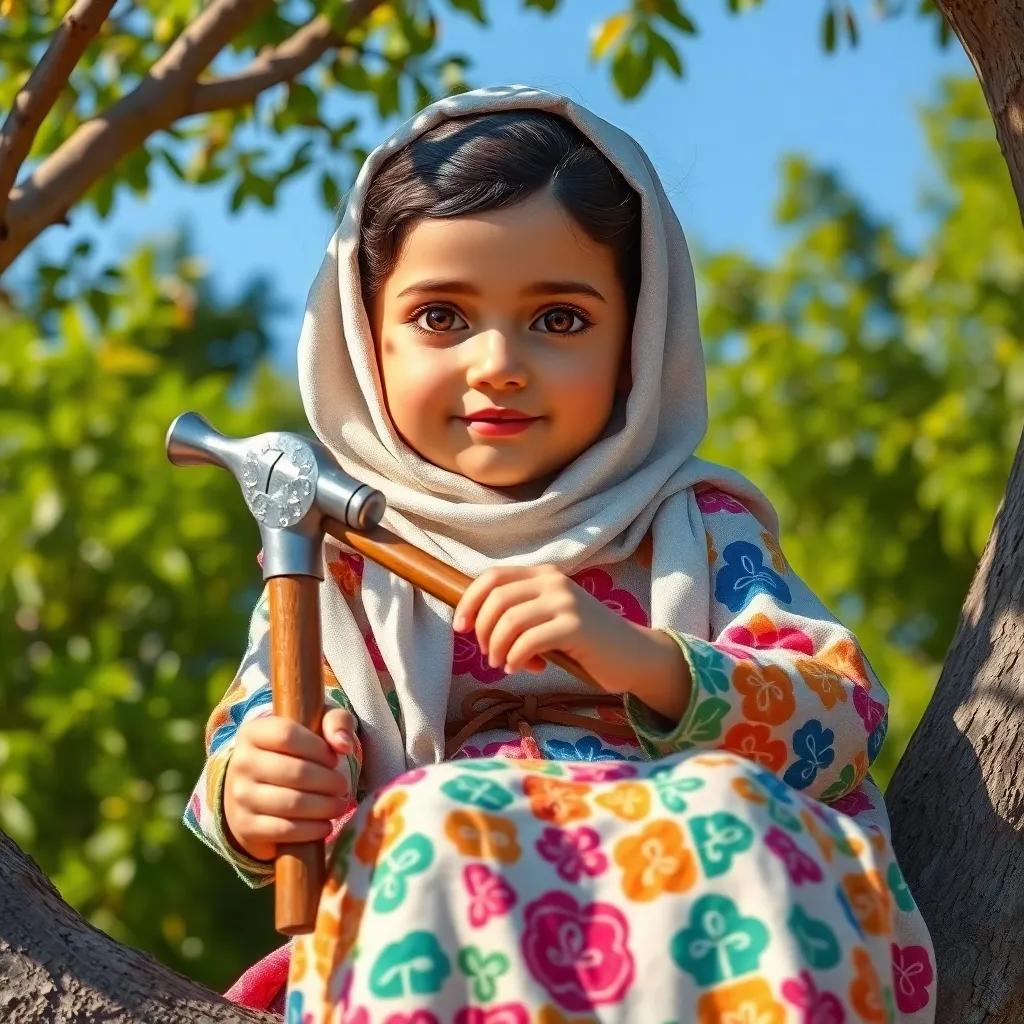 A young Arab girl, Khadija, with shiny brown eyes, wearing a colorful dress, sitting on a tree branch, holding a hammer and nails, sunny day, lively colors, heartwarming scene, child-friendly