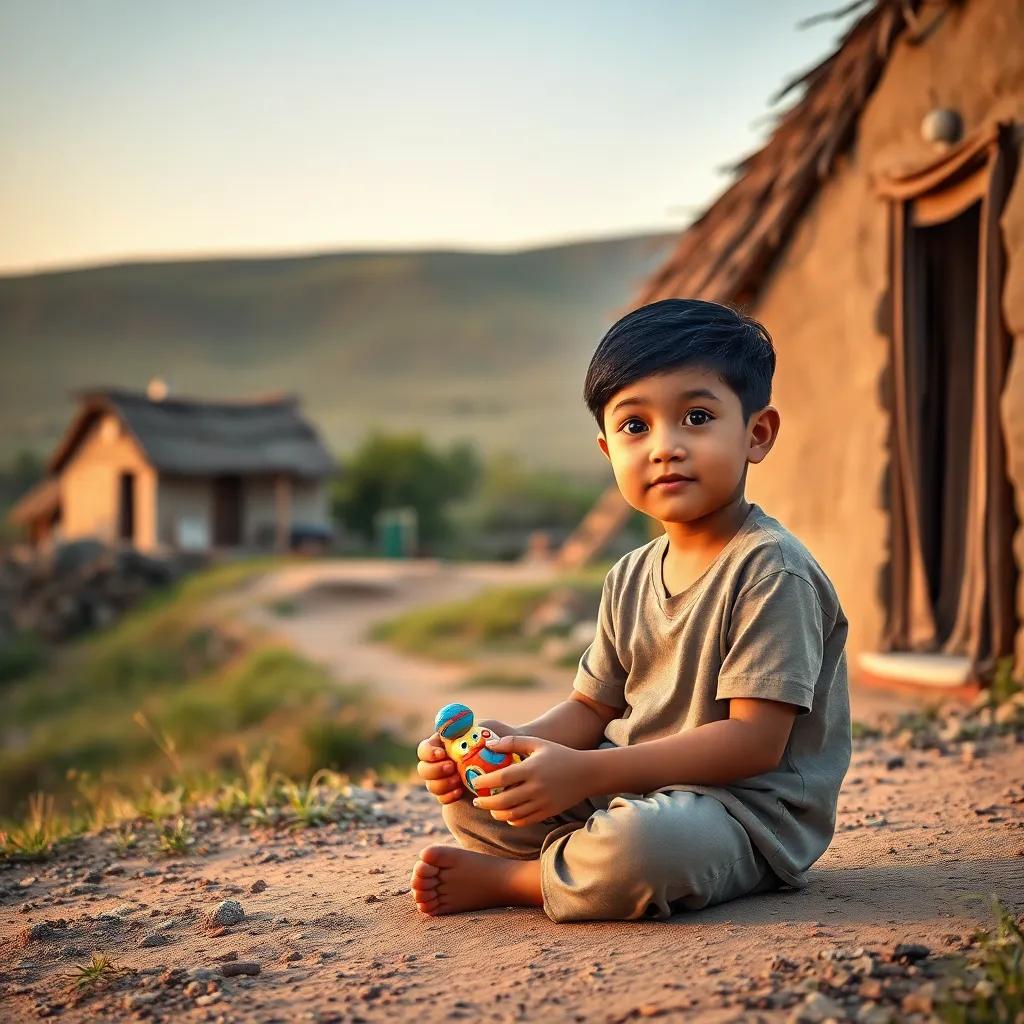 A small village on the outskirts with a modest house, a young boy named Sami, with short black hair, wearing a simple shirt and pants, sitting on the ground holding a favorite toy, evening light, warm colors, inviting scene, digital art, child-friendly
